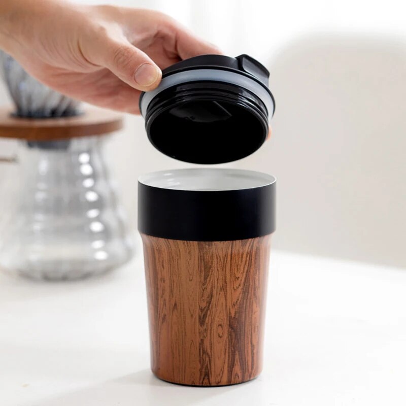 Portable Wood Grain Coffee Mug with Lids Vacuum Insulated Tumbler Thermos Cup for Keep Coffee Tea Hot Cold Inner Ceramic Coating