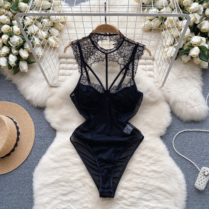 Fashion Mesh Lace Bodysuits Hook Flower Hollow Transparent Backless Slim Sexy Rompers Women Sheer Sensual Playsuits Wanita