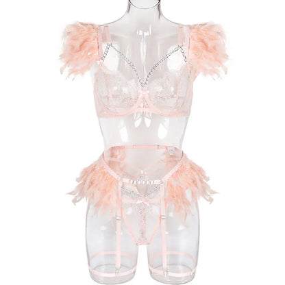 Ropa interior transparente para mujer, decoración de plumas de lujo, lencería con cadena de Metal, traje de Tanga, ropa Punk Sexy