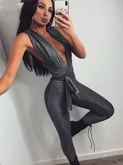 Sibybo Strap Bright Silk Jumpsuits For Women Hollow Sexy Outfit High Waist Jumpsuit Banquet Temperament Casual Combinaison Femme