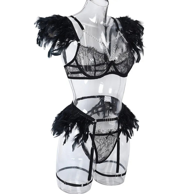 Feder-Dessous-Sets für Damen, luxuriös, mit Kette, G-String, feine Spitze, Unterwäsche-Set, BH-Outfit, transparent, intim