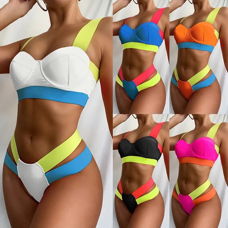 Damen Badeanzüge Sexy Bademode Patchwork Bikini 2020 Frau Push up Biquini Neon Bikinis Badeanzug Badeanzüge 2021