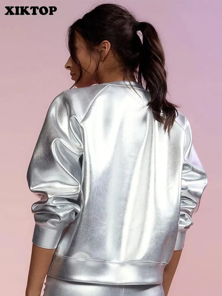 XIKTOP Silver T-Shirt Women Fall 2023 Fashion Matching Solid Female Clothing Basic Crew Neck Tops Street Punk