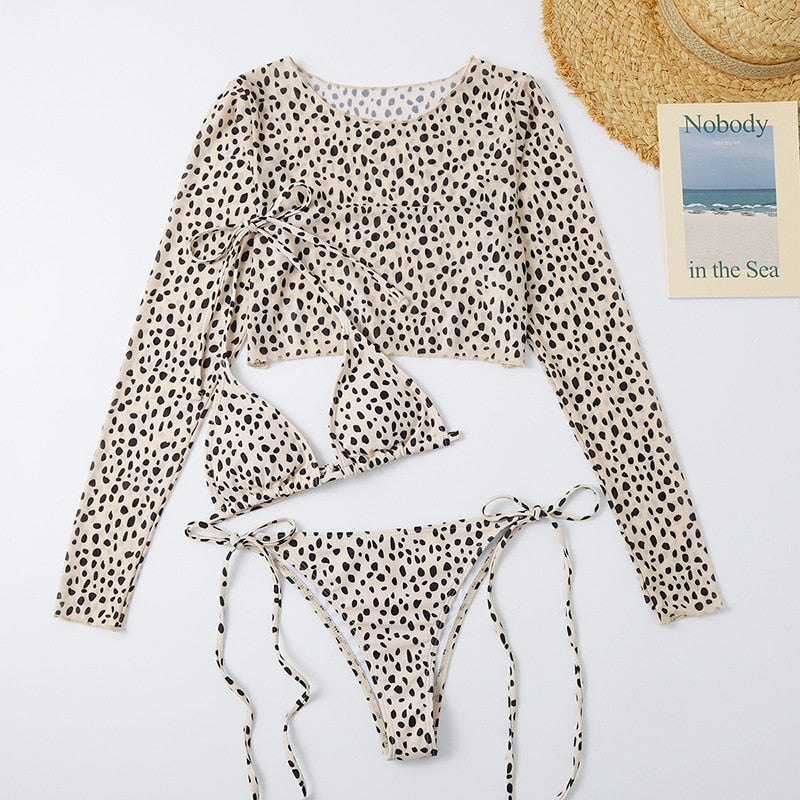 Leoparden-Damen-Badeanzug mit 3 Teilen, Neckholder-Mikro-Bikinioberteil, separat bedruckter Badeanzug, brasilianische Strandmode mit niedriger Taille