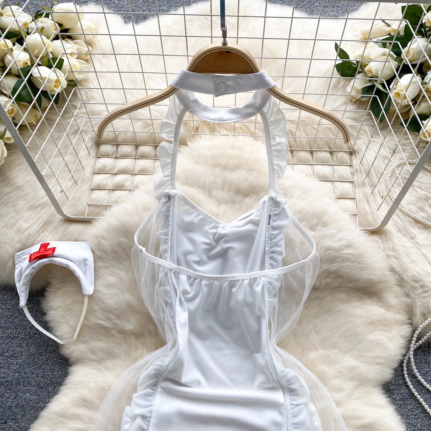 Japan Nurse Cosplay Sexy Nightdress Women Lace Mesh Patchwork Bodycon Dress+Thongs Backless Sheer  Nightwear Wanita