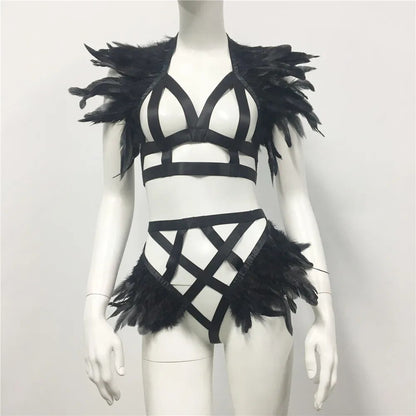 Conjunto de arnés de plumas gótico Punk para mujer, camisetas sin mangas caladas para club nocturno, lencería Sexy, fiesta Rave, fiesta de carnaval, trajes de 2 piezas