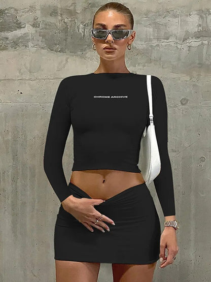 Brief Drucken Zwei Stück Set Frauen Outfit 2023 Neue In Passenden Sets Crop Top Und Mini Rock Sets Y2K Nacht club Festival Outfit