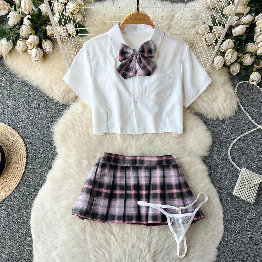 Cosplay   Outfit Women Lapel Neck Short Shirt+Plaid Mini Skirt+Thongs  2023 Preppy Style Sexy Nightwear Wanita