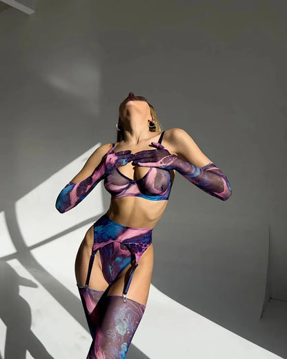 Batik-Dessous für Damen, Spitzenunterwäsche mit Strümpfen und Handschuhen, neu in der Damen-Nachtwäsche, transparente BH-Outfits