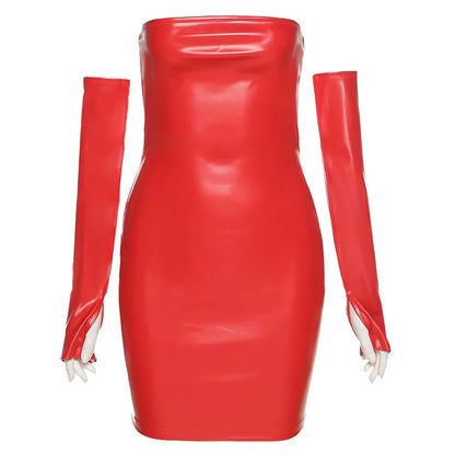 Leosd Sexy Strapless PU Mini Club Dress Winter Autumn Faux Leather Bodycon Dresses with Sleevelets Party Clubwear Tube Sundress