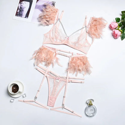 Feder-Dessous-Sets für Damen, luxuriös, mit Kette, G-String, feine Spitze, Unterwäsche-Set, BH-Outfit, transparent, intim