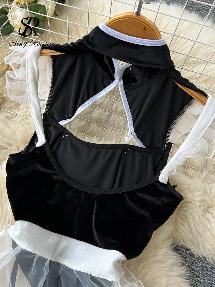 Cheongsam Cisplay Sensual Bodysuits Ruffles Hollow Out Slim Sheer Nightwear 2023 Open Crotch Backless Sexy Playsuits Wanita