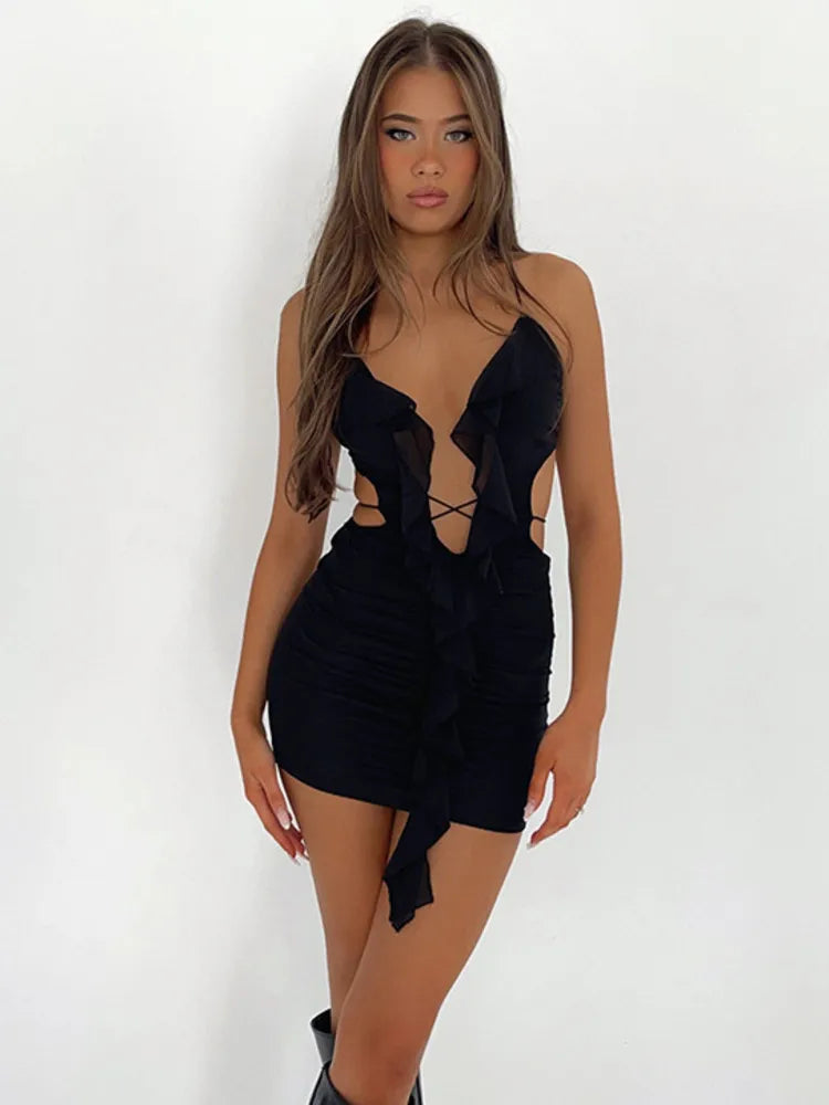 Mozision Hollow Out Ruffle Sexy Mini Dress For Women Robe Summer New Halter Backless Bodycon Beach Holiday Party Dress Vestido