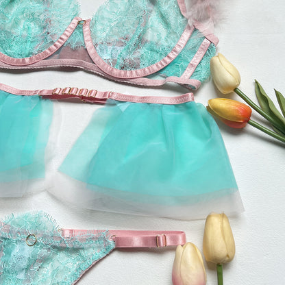 Feder-Dessous, sexy 5-teiliges Damen-Unterwäsche-Set, unzensiert, ausgefallene transparente Spitze, einzigartiges Paar, intim