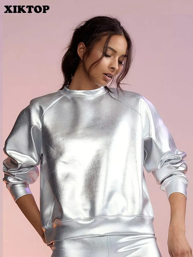 XIKTOP Silver T-Shirt Women Fall 2023 Fashion Matching Solid Female Clothing Basic Crew Neck Tops Street Punk