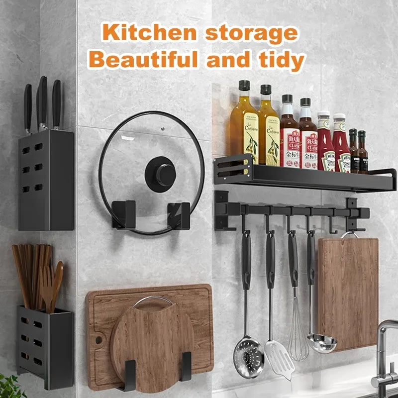 Kitchen Shelf Wall-mounted Spice Storage Racks Punch-free Kitchen Knife Holder Wall Season Bottle Chopstick Tube Shelf Organizer