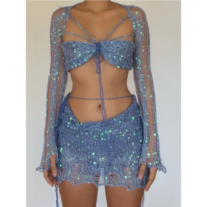 Häkeln Gestrickte Kleid Zwei Stück Rock Sets 2023 Sommer Frauen Kleidung Sexy Crop Tops