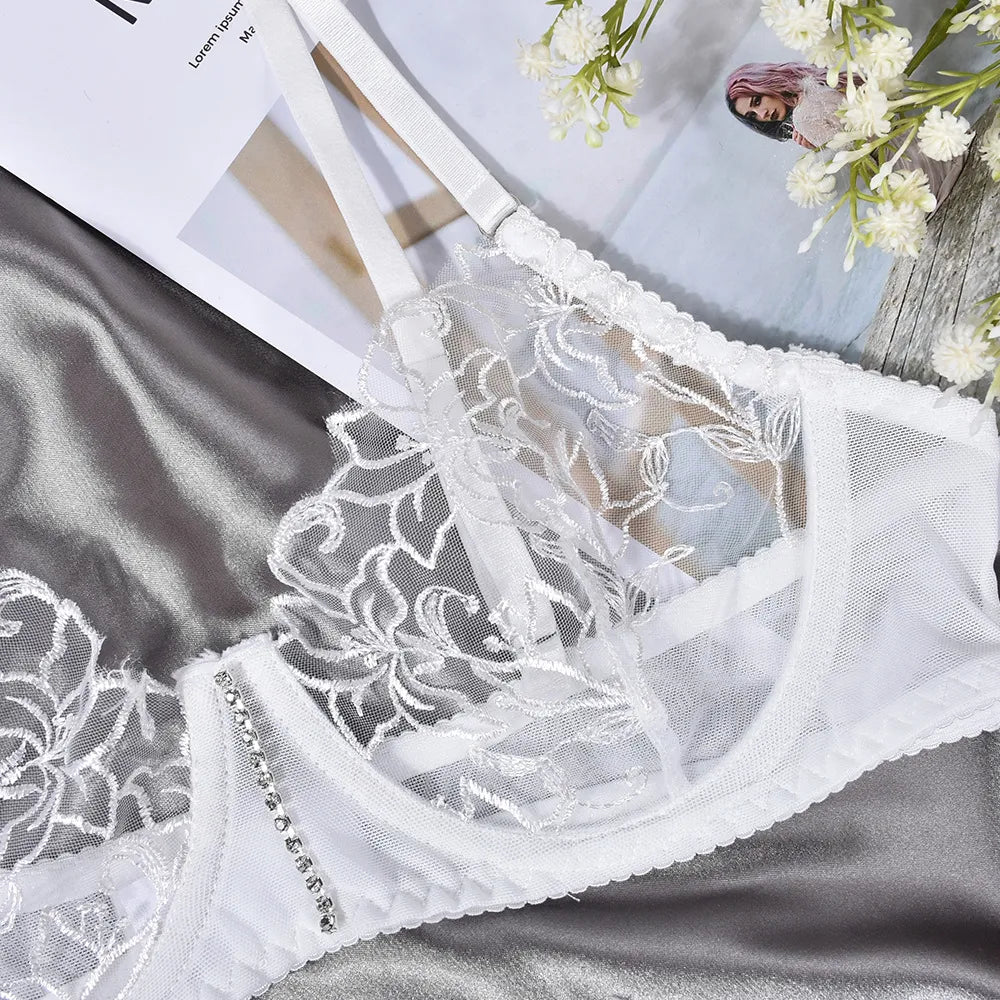 Rüschen Sexy Damenunterwäsche Ausgefallene Dessous Feiner BH und Höschenset Weiße intime Spitze Transparentes Feen-Outfit