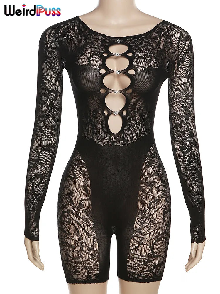 Mono Sexy Weird Puss para mujer, mono transparente con diamantes huecos, mono fino de manga larga para verano, ropa elástica para fiesta de medianoche y discoteca, entrenamiento