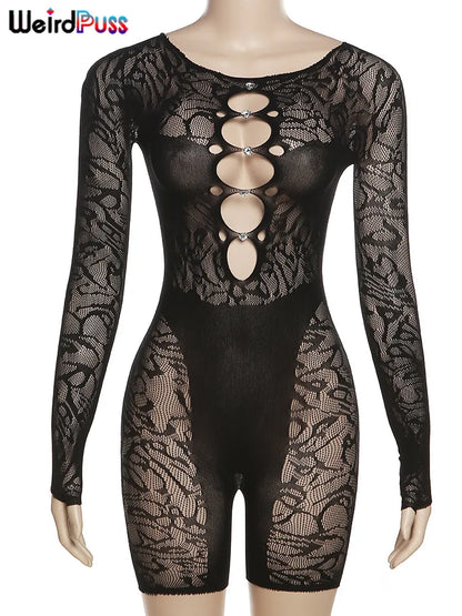 Weird Puss Sexy Playsuit Women See Through Hollow Diamond Summer Thin Long Sleeve Romper Stretch Midnight Party Clubwear Workout