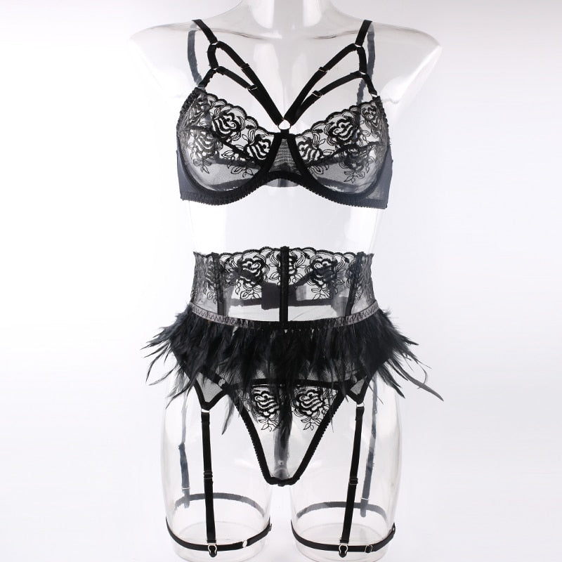 Feather Lingerie Embroidery Fancy Female Underwear Transparent Bra Luxury Lace Intimate Delicate  Brief Sets