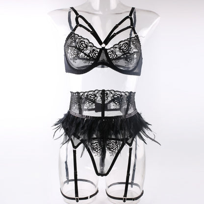 Feather Lingerie Embroidery Fancy Female Underwear Transparent Bra Luxury Lace Intimate Delicate  Brief Sets