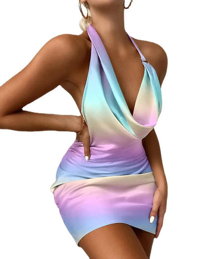 Mini vestido de fiesta con espalda descubierta de arcoíris de verano, vestido sexi plisado con cuello Halter para discoteca para mujer, vestidos cortos ajustados sin mangas