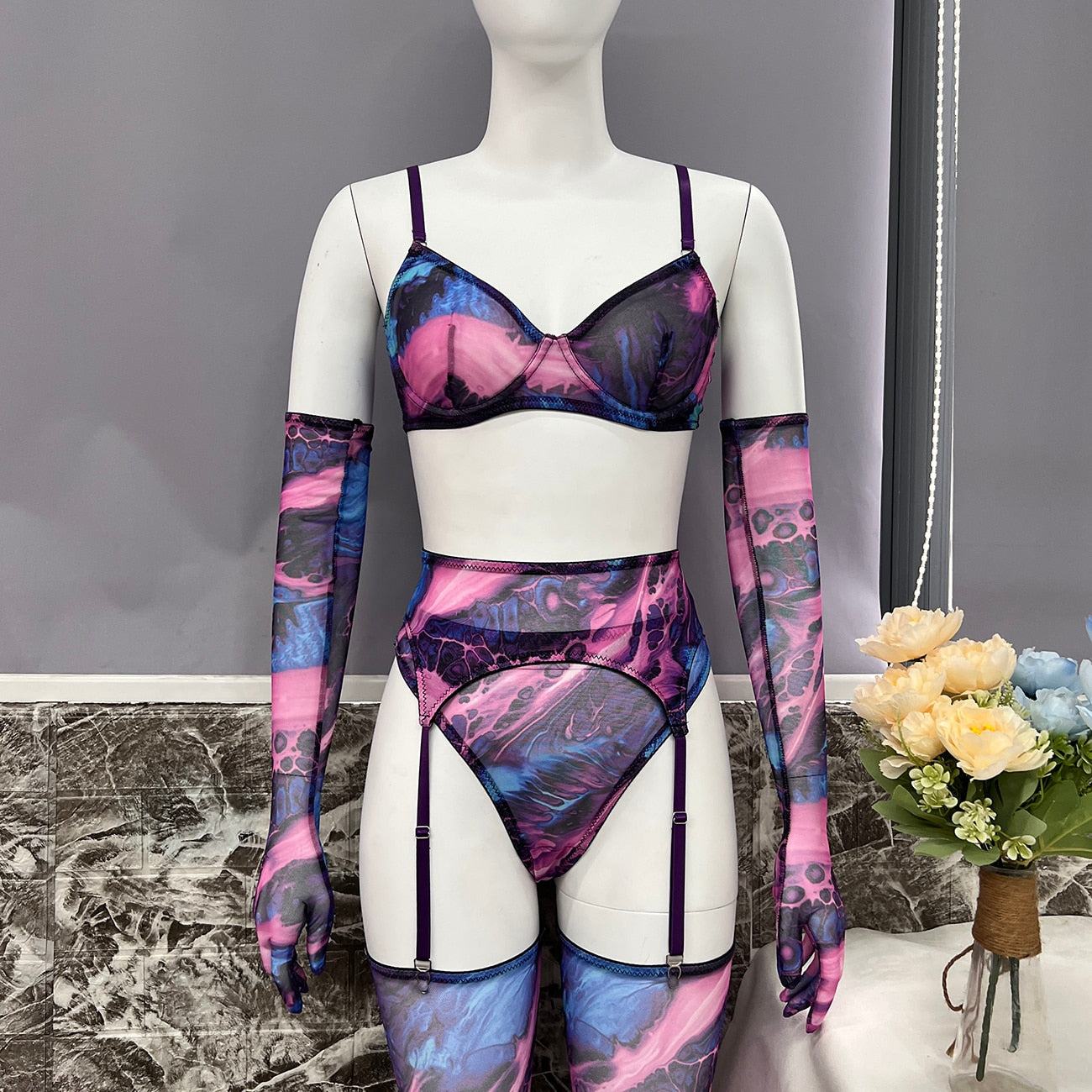 Batik-Dessous mit Strumpfärmeln, sexy, ausgefallene Unterwäsche, 5-teilige, unzensierte, intime, durchsichtige, sinnliche Mesh-Outfits