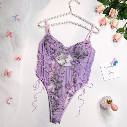 Wanita Floral Embroidery Sheer Playsuits Women Strap Butterfly  Nightwear Lace Up Slim Mesh Backless Sexy Bodysuits