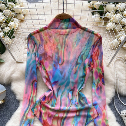 2023 Transparent Mesh Sexy Bodysuits Printing And Dyeing Open Crotch Sheath Rompers Fashion Sheer Print Slim Playsuits Wanita