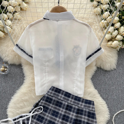 Preppy Style Sheer Sexy Suits Women  Top+Plaid Mini Skirt+Thongs Fashion Korean Cosplay  Three Pieces Sets Wanita