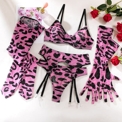 Leopard Lingerie With Stocking Gloves Seamless Underwear Sensual Garter Belt Set Pink Pink Intimate Sexy Outfits