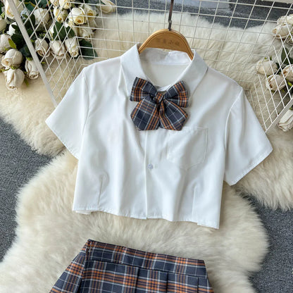 Cosplay   Outfit Women Lapel Neck Short Shirt+Plaid Mini Skirt+Thongs  2023 Preppy Style Sexy Nightwear Wanita