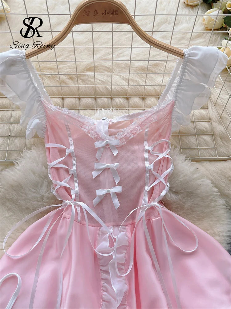 Lace Up Sweet Cosplay Sensual Mini Dress Women Strap Ruffles Nightwear+Thongs 2023  Sexy Sheer Nightdress Wanita