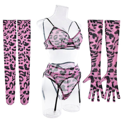 Leoparden-Dessous mit Strumpfhandschuhen, nahtlose Unterwäsche, sinnliches Strumpfgürtel-Set, rosa, rosa, intime sexy Outfits