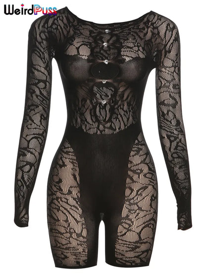 Mono Sexy Weird Puss para mujer, mono transparente con diamantes huecos, mono fino de manga larga para verano, ropa elástica para fiesta de medianoche y discoteca, entrenamiento