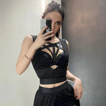 Goth Club Mesh Sexy Sommer Korsetts Rock Set Frauen Ärmellose Schwarze Crop Bh Top Unterhose Schlitz Rock 4 stücke Sets