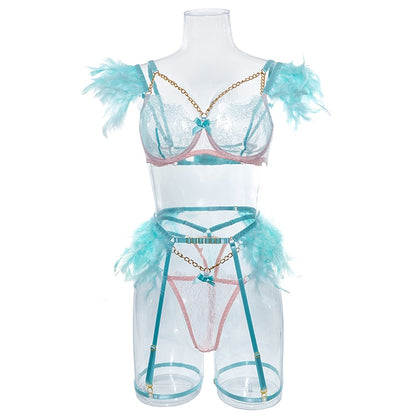 Lencería de plumas, ropa interior Sexy para mujer, sujetador transparente, cadena de Metal, encaje, conjunto de 3 piezas, íntimo de lujo