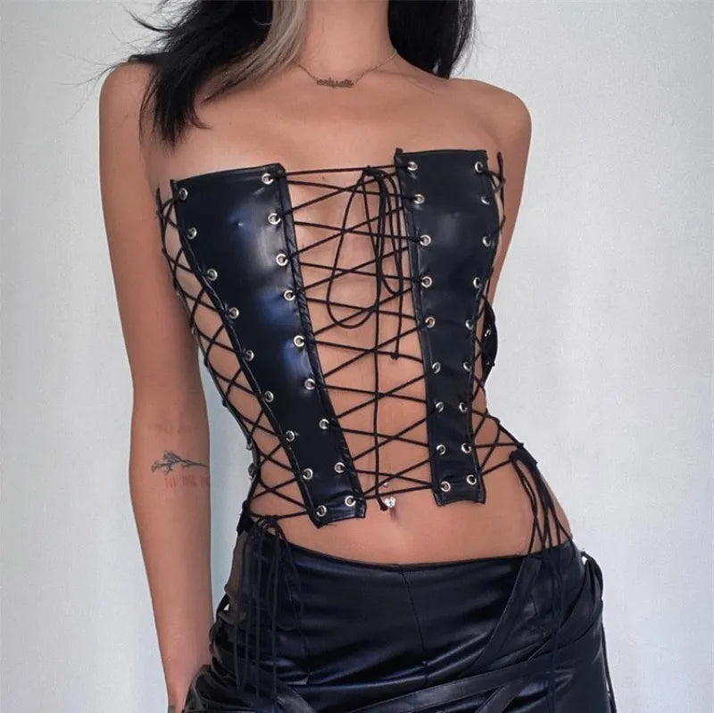 Tube Top  Y2k Clothes Women Diesel Top Sexy Top Corset Hollow Out Gyaru Clothes Night Club Outfit Leather Streetwear 90s