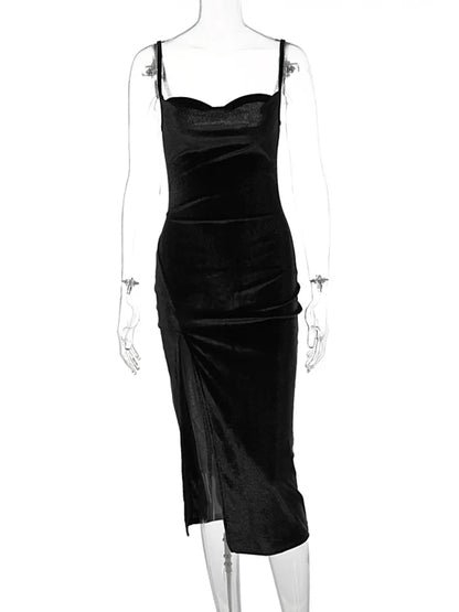 Hugcitar Samt Swing Kragen Ärmellose Slip Sexy Schlitz Maxi Kleid 2023 Neue Mode Abend Party Frauen Elegante Streetwear Y2K