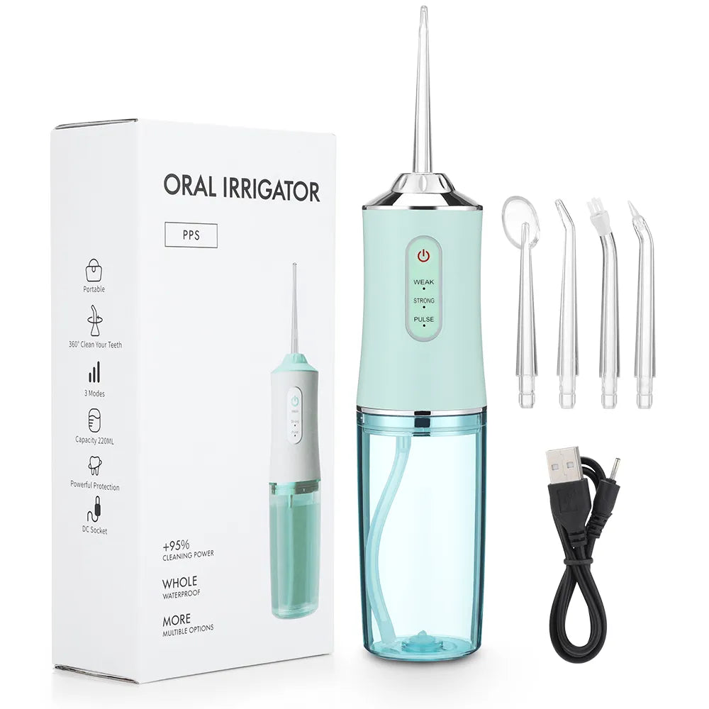 Oral Irrigator Portable Dental Water Flosser USB Rechargeable Water Jet Floss Tooth Pick 4 Jet Tip 220ml 3 Modes IPX7 1400rpm