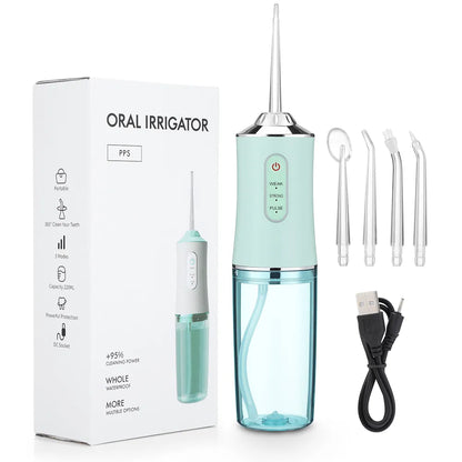 Munddusche, tragbare Dental-Wasserflosser, wiederaufladbarer USB-Wasserstrahl, Zahnseide, Zahnstocher, 4 Düsenspitzen, 220 ml, 3 Modi, IPX7, 1400 U/min