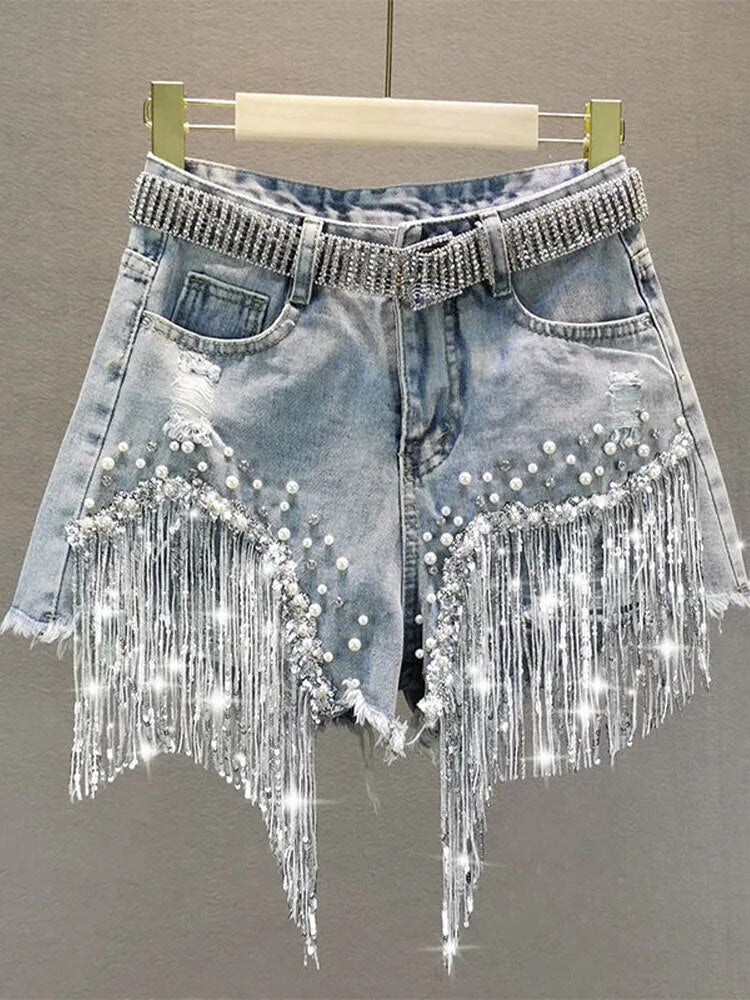 Summer Elegant Shorts Lady Tassel Beading High Waist Wide Leg Denim Shorts Female Casual Solid Shorts Jeans for Women Clothing