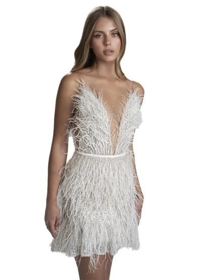 White Deep V Neck Strapless Feather Mini Dress For Women Sexy Sleeveless Backless Slim Short Vestidos Fashion Ladies Party Robe