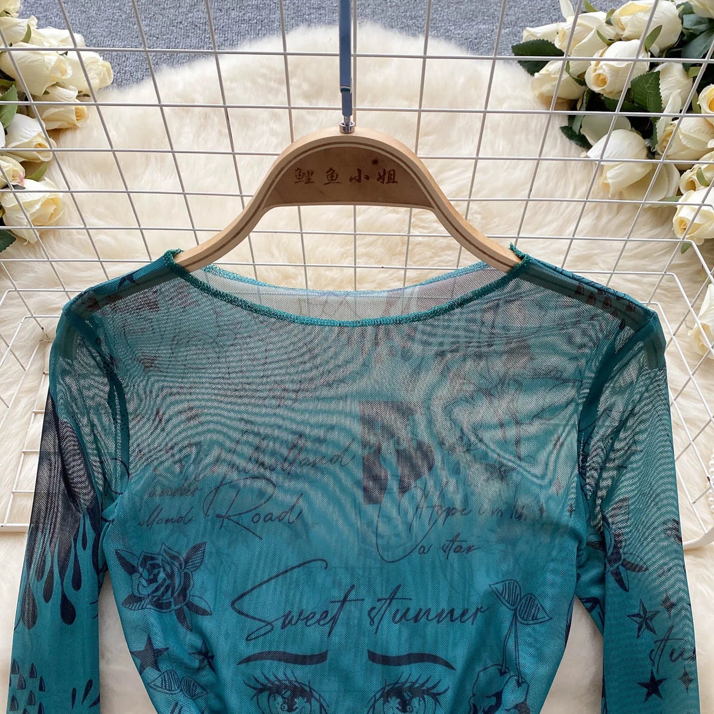 Body Sexy de malla con estampado transparente para mujer, ropa de calle ajustada de manga larga, Top Y2K, mono ajustado con entrepierna abierta para mujer 2023 Wanita