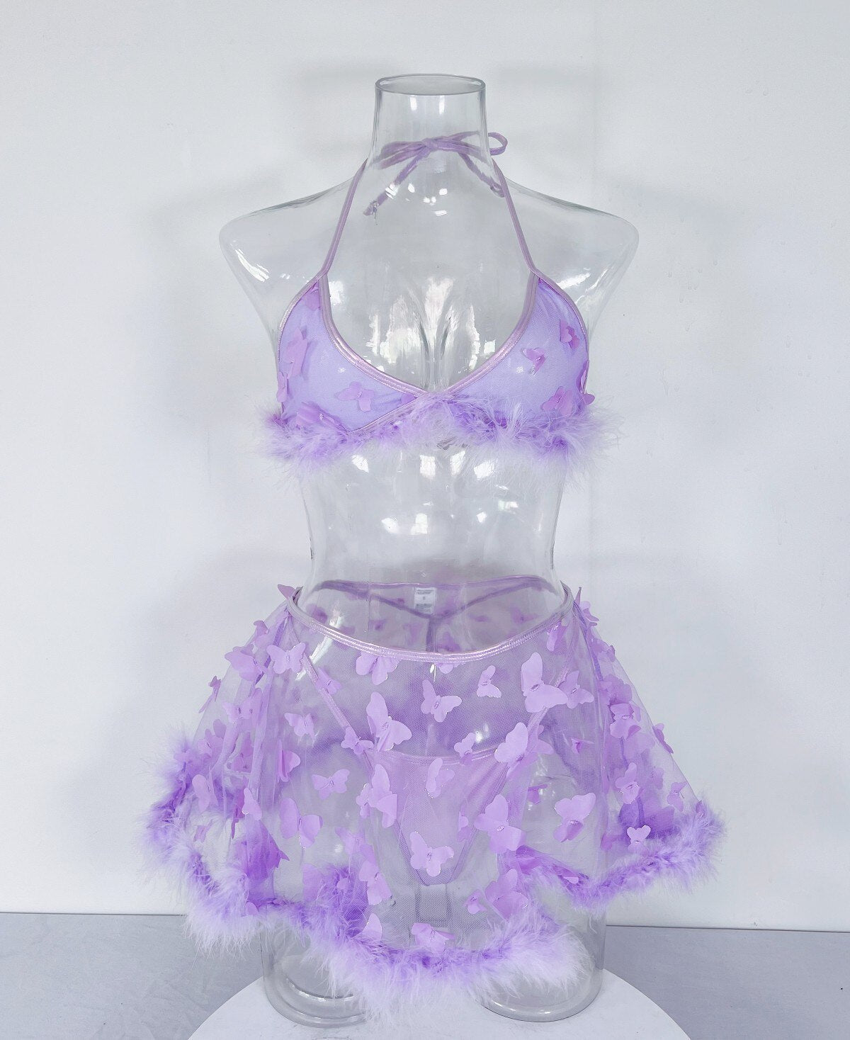 Lencería de plumas, ropa interior de mariposa para mujer, transparente, Sexy, sin sensación, tangas morados, 3 piezas, encaje elegante íntimo