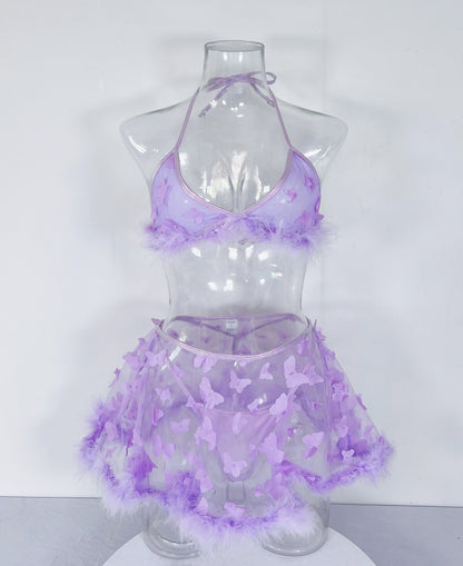 Lencería de plumas, ropa interior de mariposa para mujer, transparente, Sexy, sin sensación, tangas morados, 3 piezas, encaje elegante íntimo