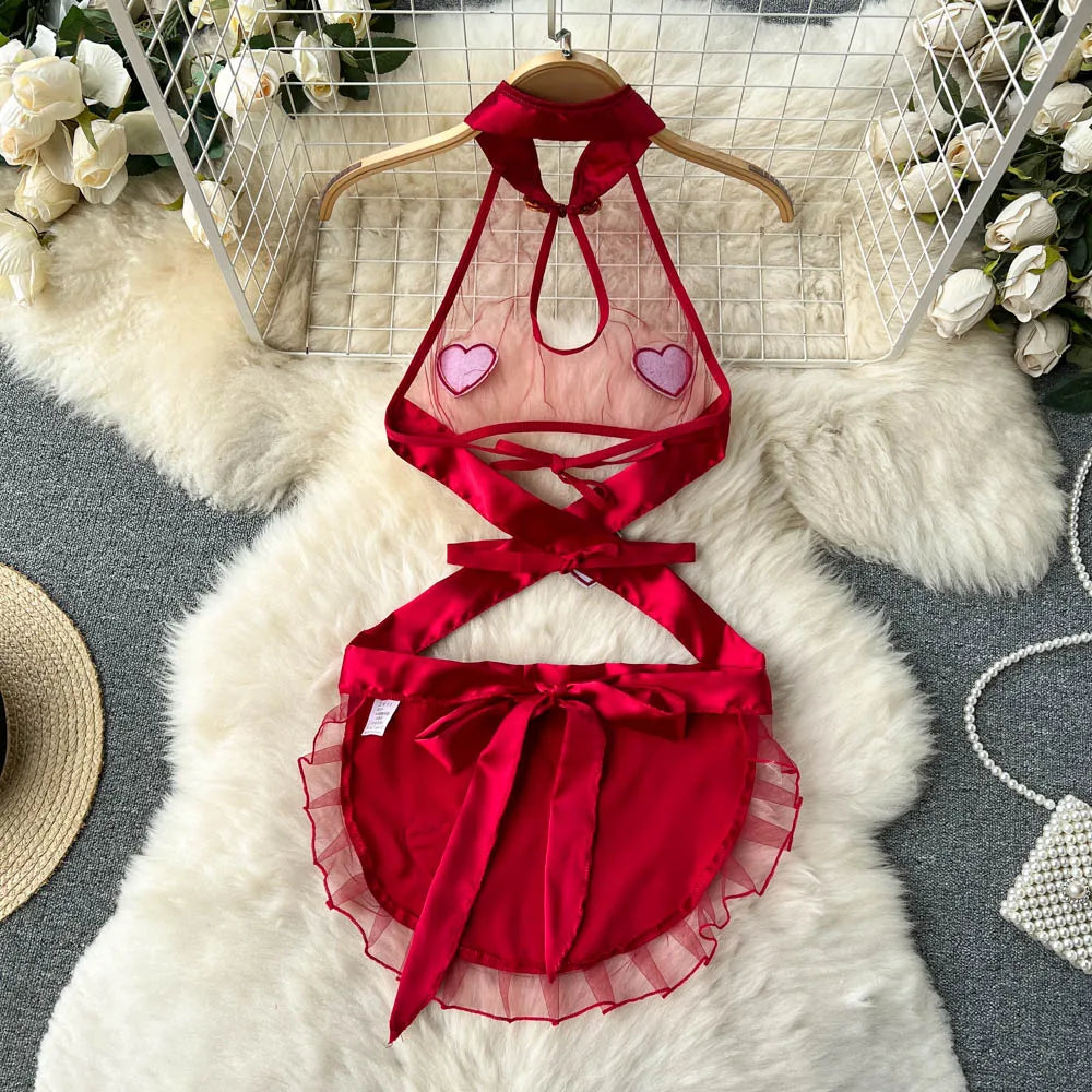 Wanita Sheer Hollow Out Sexy Nightdress Women Transparent Mesh Splice Love Apron Dress Cosplay   Mini Nightwear