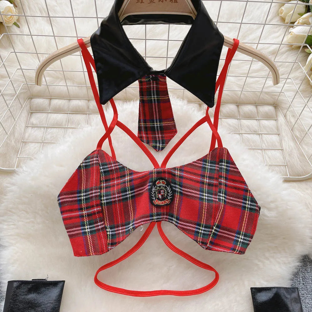 Plaid   Nightwear Two Pieces Set Women Backless Mini Camis+ Short Skirt Preppy Cosplay Sexy Underwear Suits Wanita