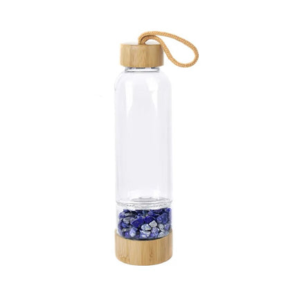 Natural Crystal Quartz Gravel Gemstone Healing Glass Energy Elixir Drink Water Bottle Bamboo Glass Cup Gift Cute Water Bottle